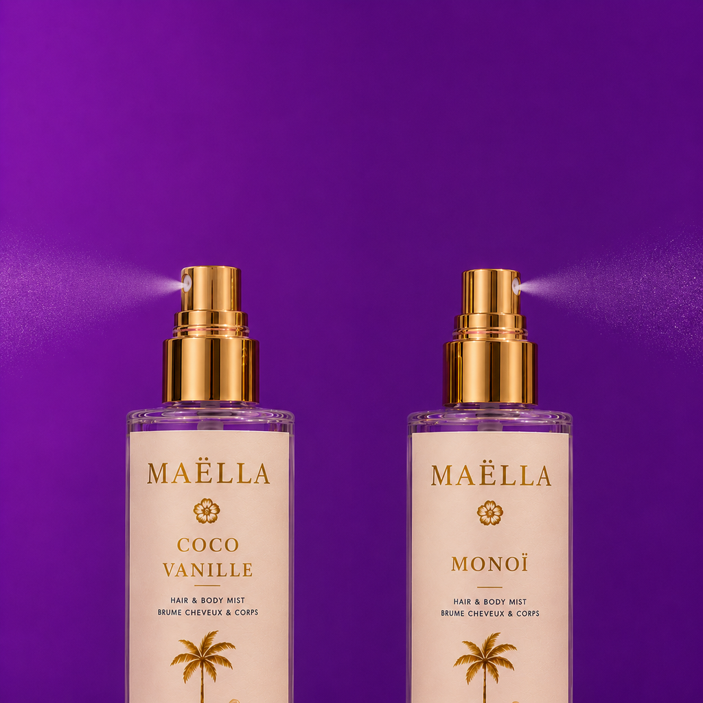 Duo de Brumes Parfumées Corps & Cheveux – Monoï & Coco Vanille | Maëlla Fragrance✨
