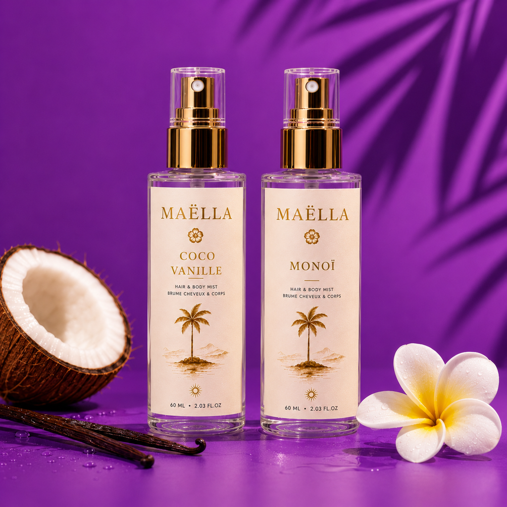 Duo de Brumes Parfumées Corps & Cheveux – Monoï & Coco Vanille | Maëlla Fragrance✨