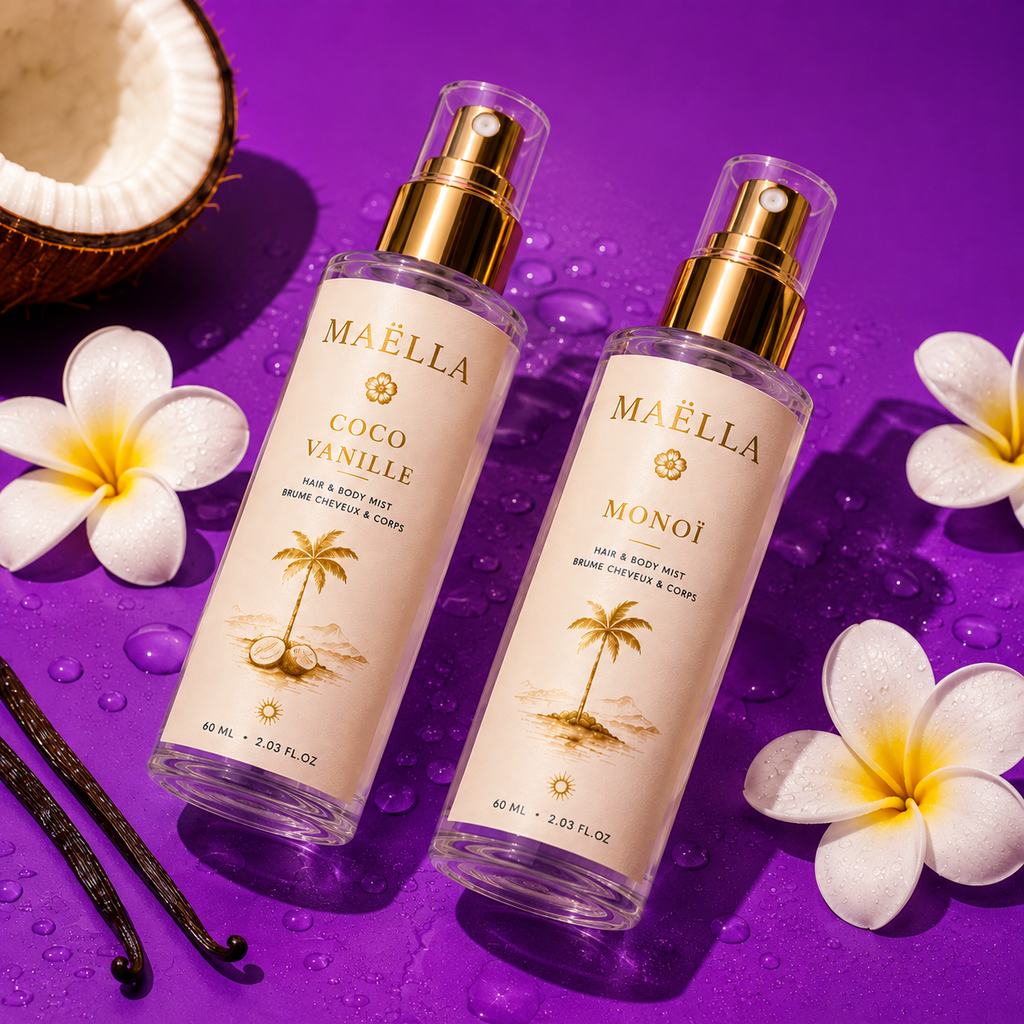 Duo de Brumes Parfumées Corps & Cheveux – Monoï & Coco Vanille | Maëlla Fragrance✨