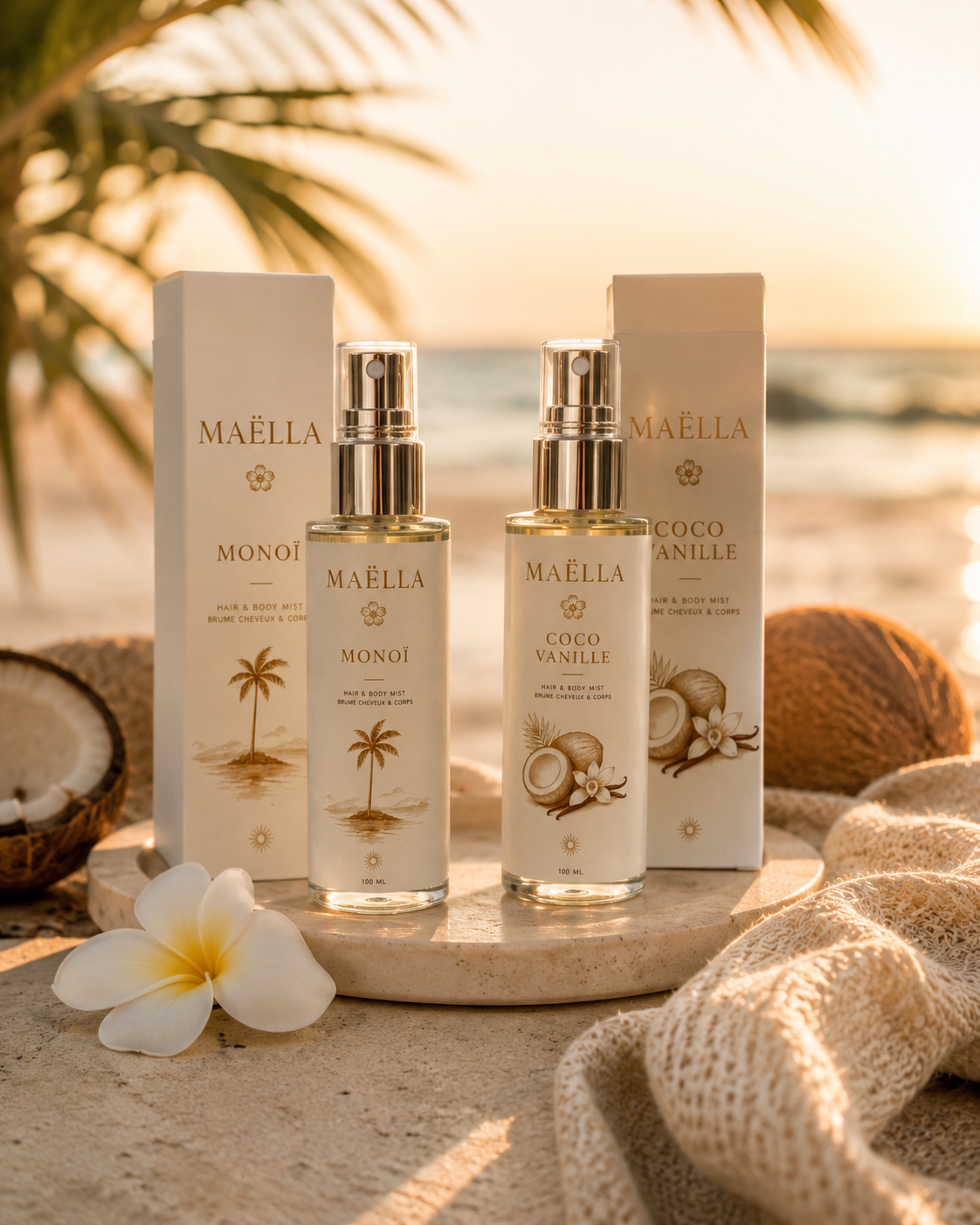 Duo de Brumes Parfumées Corps & Cheveux – Monoï & Coco Vanille | Maëlla Fragrance✨